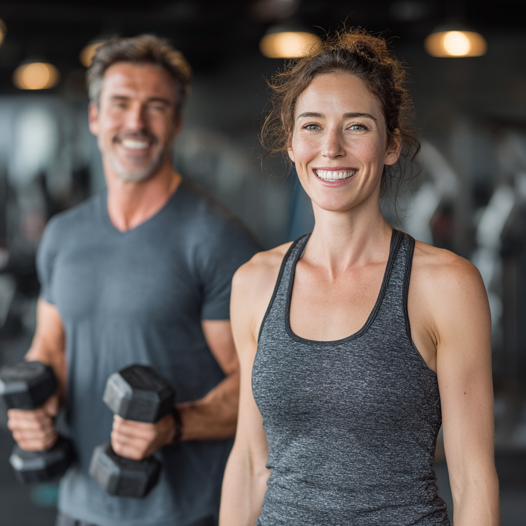 Active middle-aged man and woman in their 40s doing strength training with dumbbells in modern fitness center, smiling and looking motivated