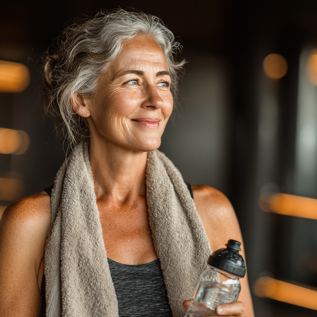 Happy mature woman around 50 years old after workout session, holding water bottle and towel, smiling confidently in modern gym setting