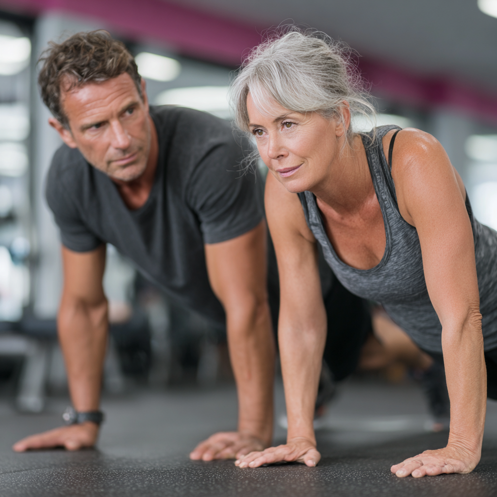 Personal trainer working with mature client aged 45-50 years, demonstrating proper exercise form in bright fitness studio